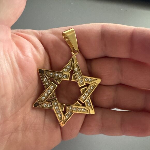 Stainless Steel Jewish Israel Star of David Necklace Bar Mitzvah Gold Zirconia - Picture 4 of 5